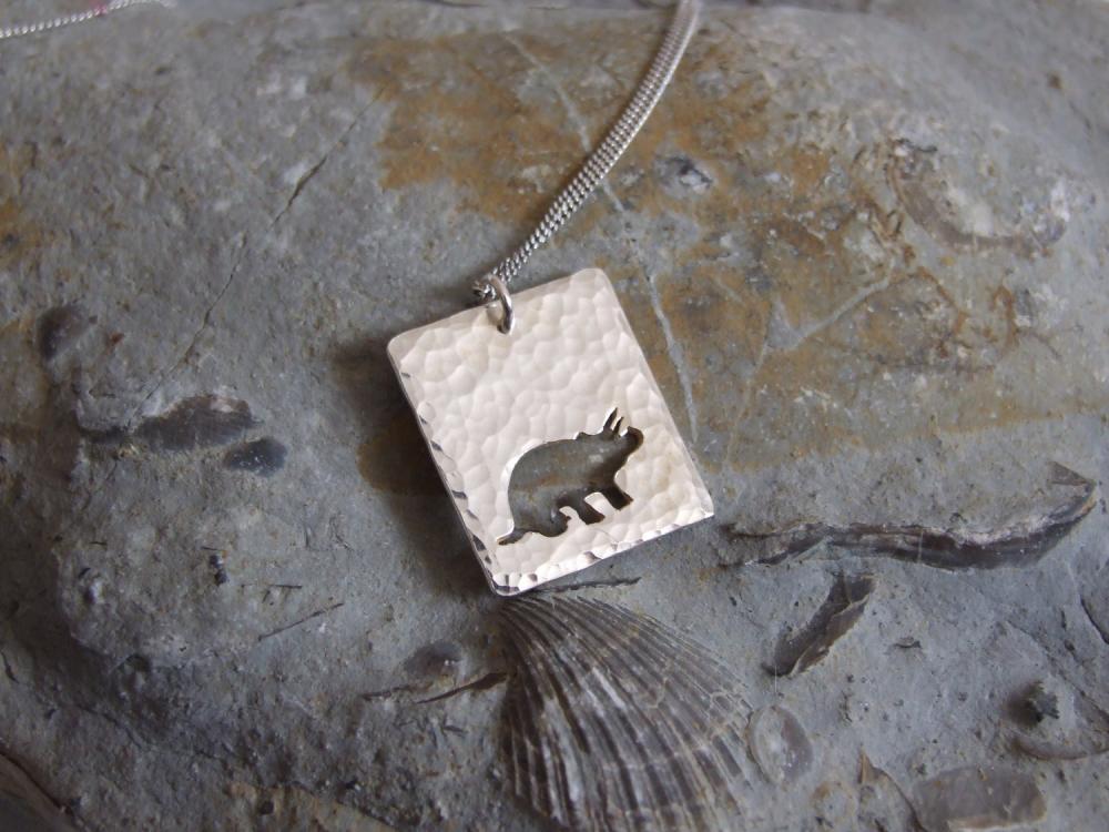 Silver Triceratops pendant: A textured sterling silver pendant showing a silhouette of Triceratops Dinosaur.