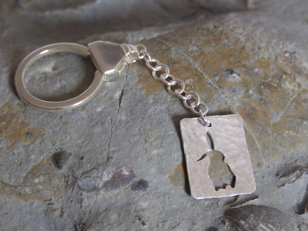 Silver rabbit keychain : A Curious bunny is listening to the world around her, on a background of hammered sterling silver.