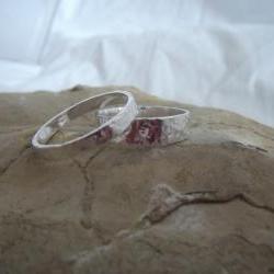 Silver textured rings: A set of personalised square patterned textured sterling silver his and hers rings
